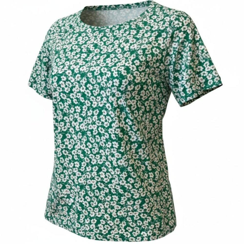 Lucky Brand Womens Medium Green Floral Short Sleeve Knit Top Casual Tee